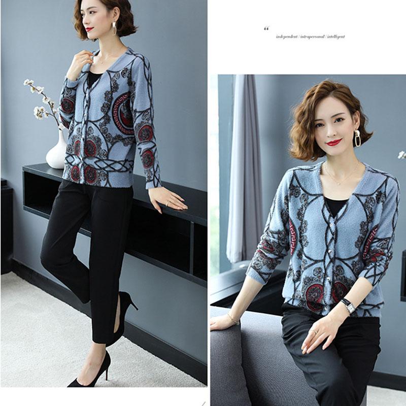 Artificial Mink Cashmere Cardigan Jacket Women's Printed Knit Sweater Autumn Winter  Short Knitted Jacket