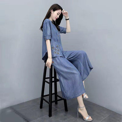 Women's Ethnic Style Denim Jacket Wide Leg Pants Two-piece Suit Chinese Style Temperament Denim Suit Embroidered Pattern Decoration