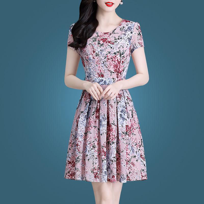 Women Summer Vintage High Waist Short Sleeve Holiday Dress Elegant Slim Mid-length Floral Print Pleated Casual Dress