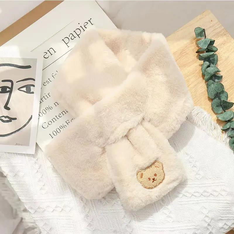 Imitation Rabbit Fur Scarf Korean Version Cute Plush Bear Scarf Thickened Warm Cross Scarf