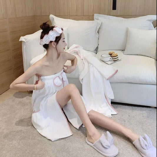 Pure Cotton Bath Towel Female Night Gown Bath Skirt Breast-wrapped Adult Bathrobe Korean Version Cute Student Four-piece Suit