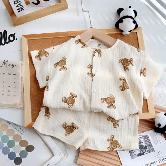 Baby Summer Home Set Yarn Cotton Summer Thin Section Boys and Girls 1-3 Years Old Casual Loose Cute Short-sleeved Cardigan Pajamas Two-piece Set