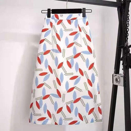 Women Summer Vintage Print Long Casual Skirt Slim Little Fresh High Waist Versatile A-line Skirt