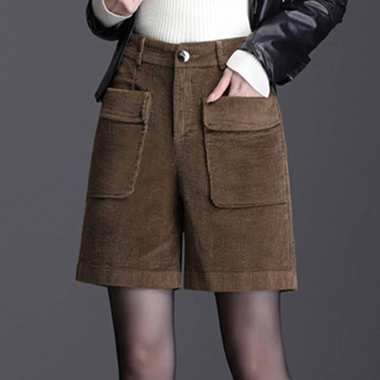 Corduroy Shorts Women High-waisted A-Line Wide Leg Shorts Female Outwear Boots Shorts