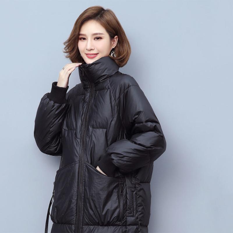 Women's Shiny Mid-length Down Jacket Winter Korean Style Loose Coat Warm Stand-collar Down Jacket