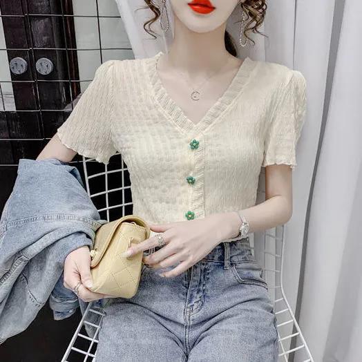 Deep-V Lace Jumper Summer Short Sleeve T-shirt Women Slim Shirt Retro French Casual Top