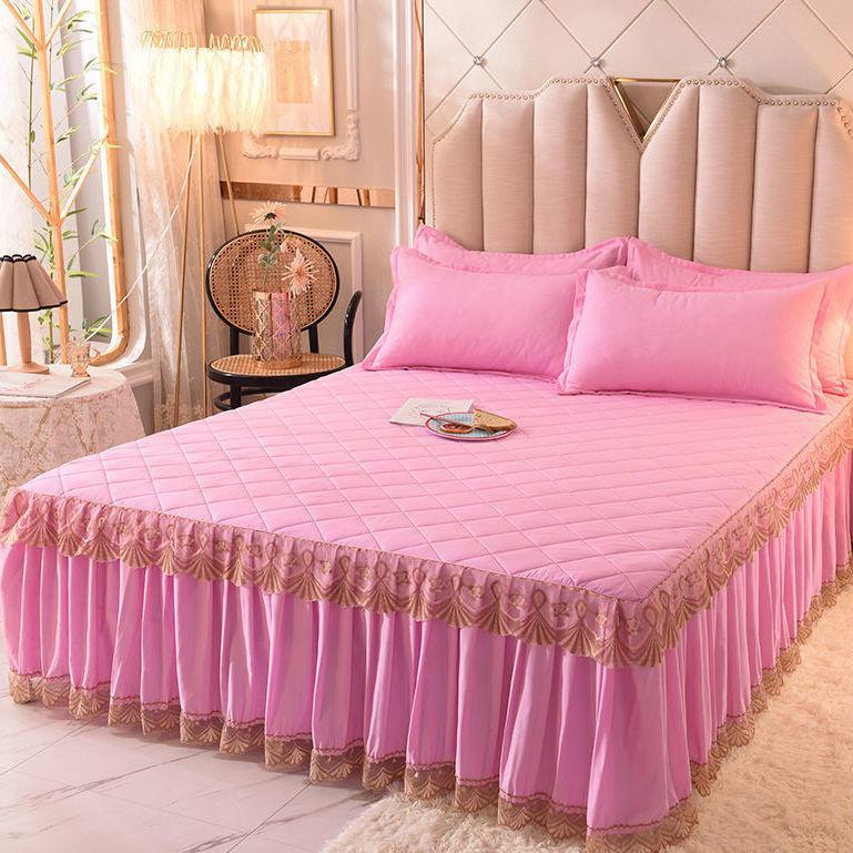 3pcs/set Autumn and Winter Thick Cotton Quilted Lace Bed Skirt Three-piece Set Non-slip Bedspread Pillowcase Three-piece Set