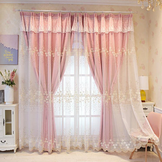 Blackout Curtain Fabric Gauze Princess Wind Net Red Nordic Simple Living Room Bedroom Free Perforated Curtain Double Layer (1 Piece)