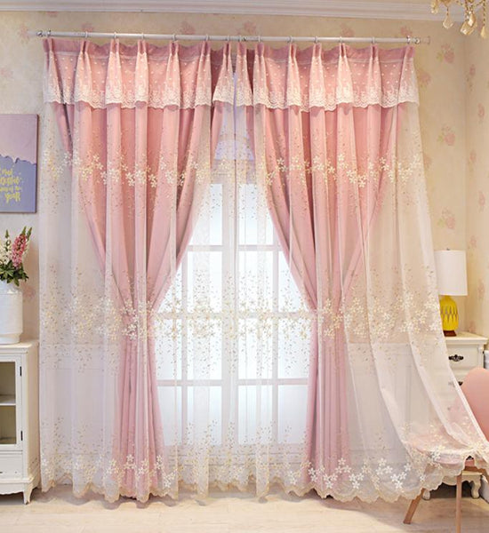 Blackout Curtain Fabric Gauze Princess Wind Net Red Nordic Simple Living Room Bedroom Free Perforated Curtain Double Layer (1 Piece)