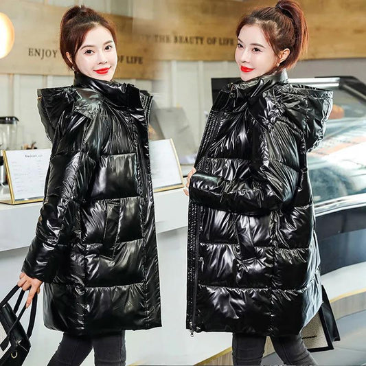 Down Cotton Jacket Winter Thicken Warm Loose Fashion Color Glossy Disposable Stand Collar Mid-length Cotton Jacket Women