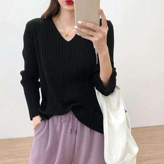 All-match Simple Sweater Women's V-neck Long-sleeved Loose Bottoming Sweater Outer Wear Pure Color Thin Sweater Fabric Soft