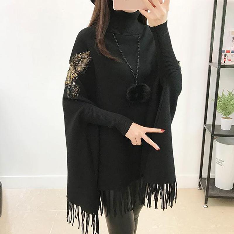 Turtleneck Fringed Sweater Women's Mid-length Korean Version of The Loose Large Size Cloak Coat Knit Bat Shirt