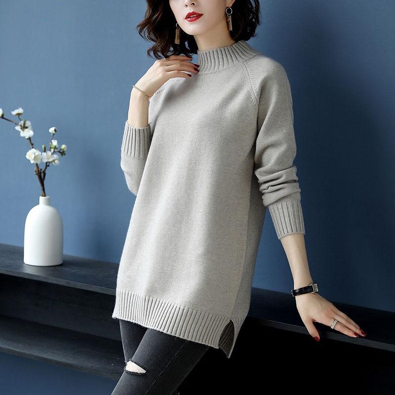 Autumn and Winter Half High Neck Loose Sweater Mid-length Pullover Knit Bottoming Shirt Plus Size Casual Women's Top