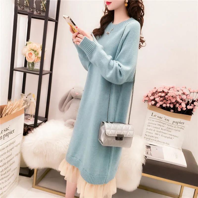 Mid-length Round Neck Sweater Women's Dress Loose Lace Knit Bottoming Shirt Warm Sweater Skirt Loose and Comfortable