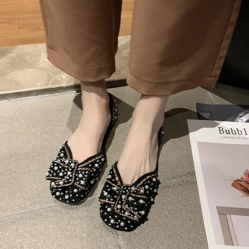 Single Shoes Women Spring and Summer Korean Version of Square Toe Flat Pearl Rhinestone Grandma Shoes Soft Sole