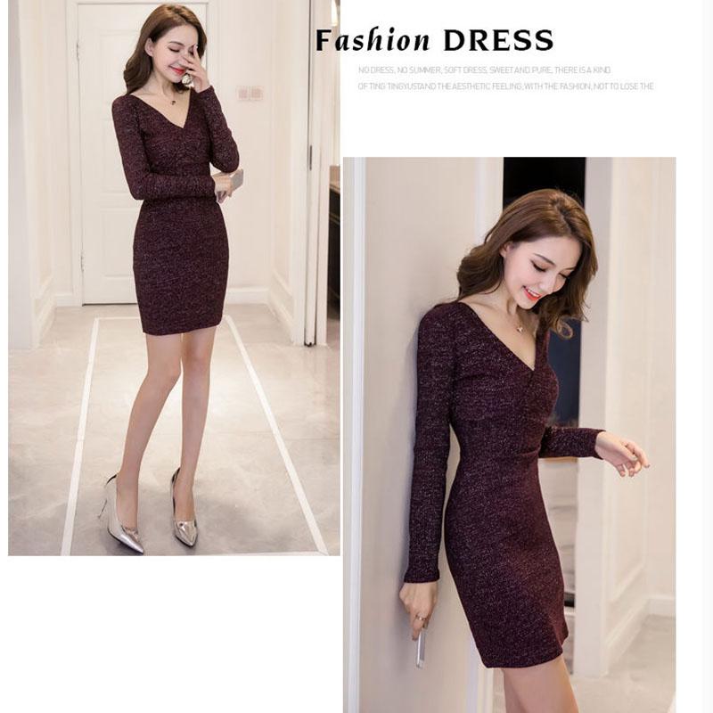 Autumn and Winter Knitted Long-sleeved Bottoming Skirt V-neck Temperament Sexy Dress Was Thinner Buttocks Female Sweater Skirt