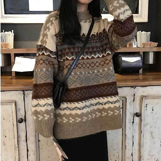 Vintage Casual Pullover Sweater Female Student Korean Loose Round Neck Plus Size Knitted Sweater Outer Wear Thick Warm Knitwear