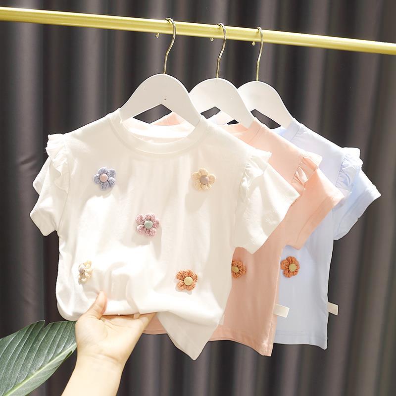 Girls' Summer T-shirt Baby Korean Style Lovely Lace Short Sleeve Baby Girl Fresh and Comfortable Base T Shirt