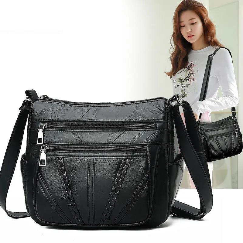 Black PU Leather Women Multi-Layer Crossbody Bags Portable Large Capacity Classic Soft Surface