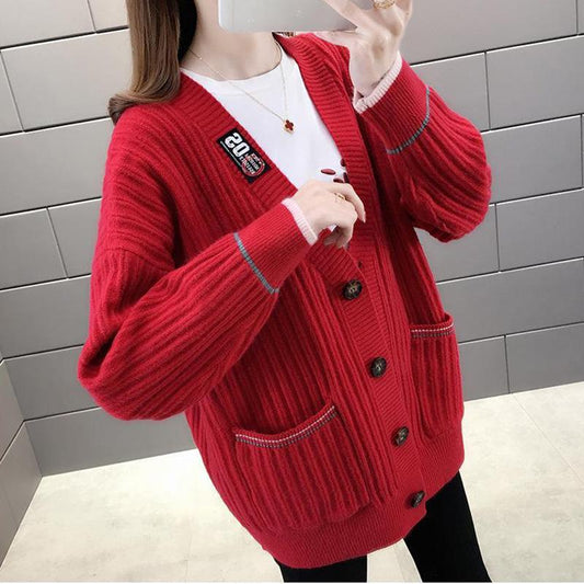 Autumn and Winter Models Loose and Thin Ladies Sweater Coat Loose Women Trendy Fashion Wild V-neck Long-sleeved Sweater Women Cardigan