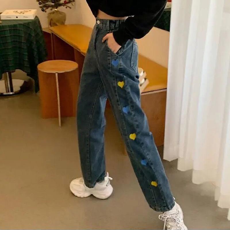 WTEMPO Love Embroidered Jeans Women's High Loose Casual Washed Denim Straight Long Wide Leg Pants