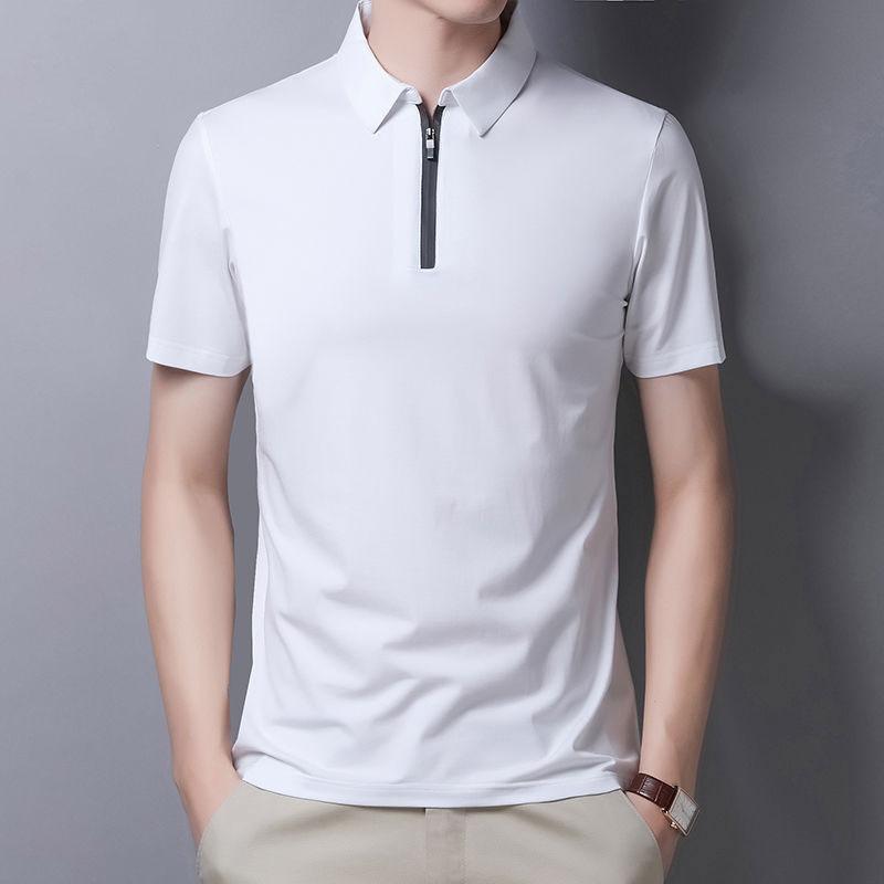 Men's Lapel Zipper T-shirt Solid Color Short-sleeved T-shirt POLO Shirt Middle-aged and Elderly Casual Tops