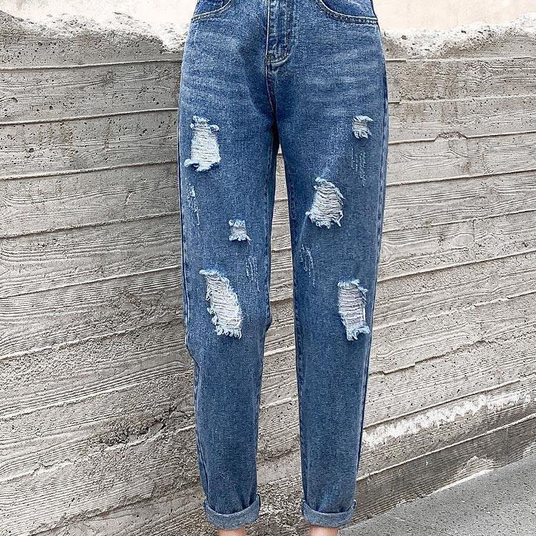 Women Spring Summer Cropped Pants Loose Vintage High Waist Straight Streetwear Denim Ripped Jeans