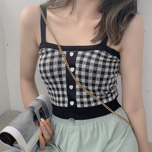 Retro Sweet Plaid Pattern Knit Camisole Cotton Sexy Slim Women's Bottoming Crop Top