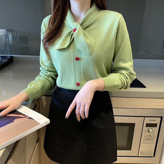 Women's Bow Elegant Slim Sweater Thick Was Thin Knitted Bottoming Shirt Autumn Winter