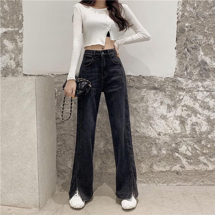 WTEMPO Split Jeans Women's High Loose Casual Washed Denim Straight Long Wide Leg Pants