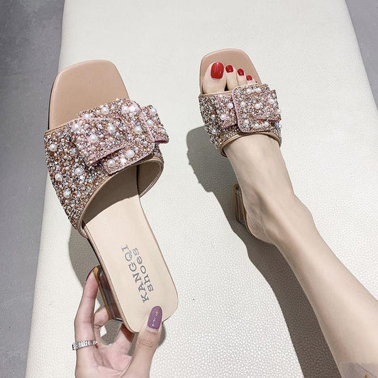 Plus Size 34-41 Women All-match Shiny Slippers Outdoor Diamond High Heels Bohemian Beach Wear-resistant Non-slip Slippers Pearl Sandals