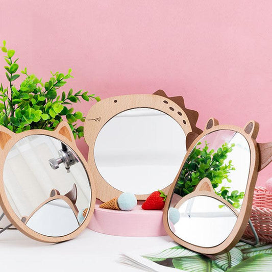 Women Animal Wooden Mirror Desktop Portable HD Thin Light Travel Out Household Essentials Single-sided Makeup Mirror Foldable