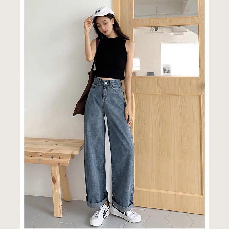 WTEMPO High Waist Women Jeans Loose Casual Great Elasticity Washed Denim Straight-leg Pants Super Long