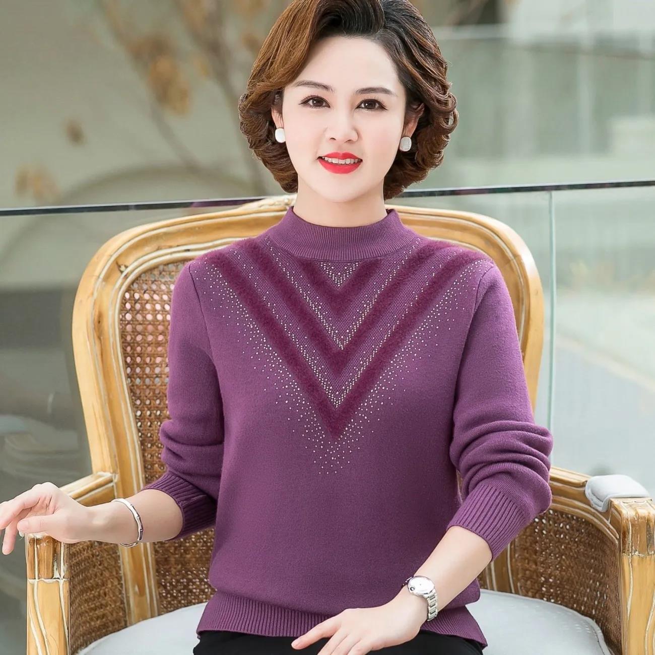 Women's Autumn and Winter Half Turtleneck Thickened Knitted Sweater All-in-one Fleece Long-sleeved Warm Sweater Bottoming Shirt Large Size