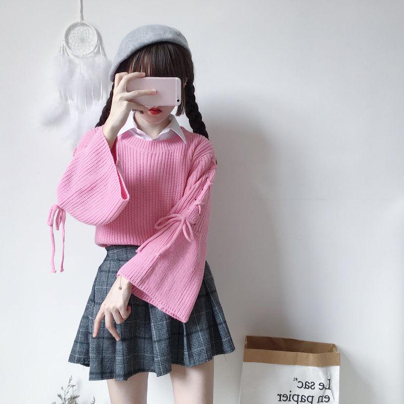 Autumn/winter Flared Sleeve Lace-up Top Bow Long-sleeved Sweater Fashion Casual Coat