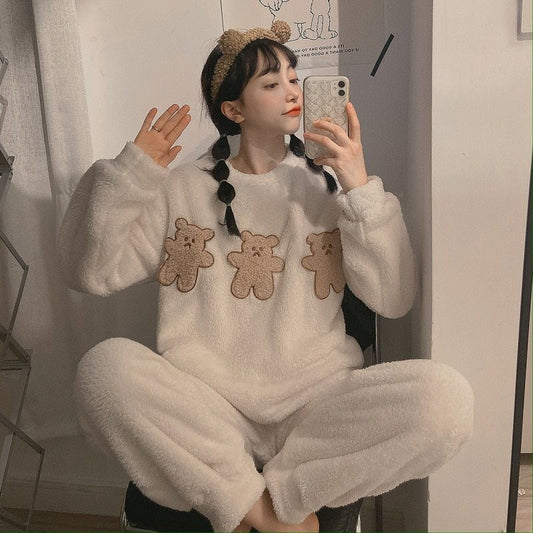 Women's Winter Thick and Velvet Korean Pajamas Suit Fashion Flannel Cartoon Outer Wear Cute Sweet Home Service