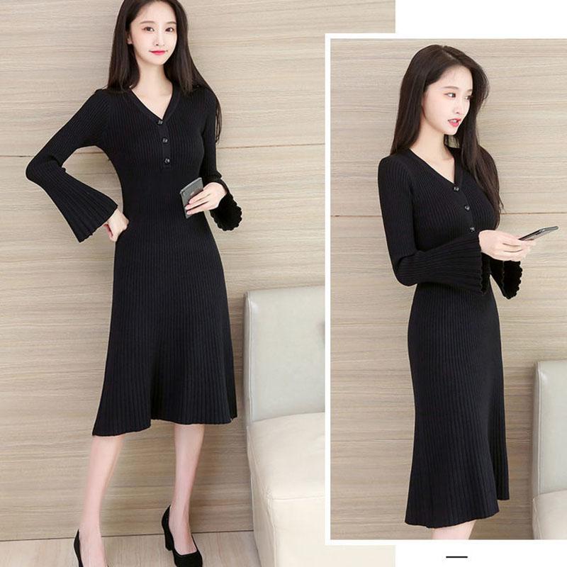 Autumn and Winter V-neck Knitted Dress Thick Flared Sleeve Tight-fitting Base Dress Mid-length Over The Knee Women's Sweater Dress