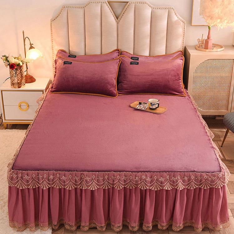 Coral Fleece Blanket Warm Bed Skirt Single-piece Thickened Flannel Mattress Cover Bedspread Quilt Protective Cover