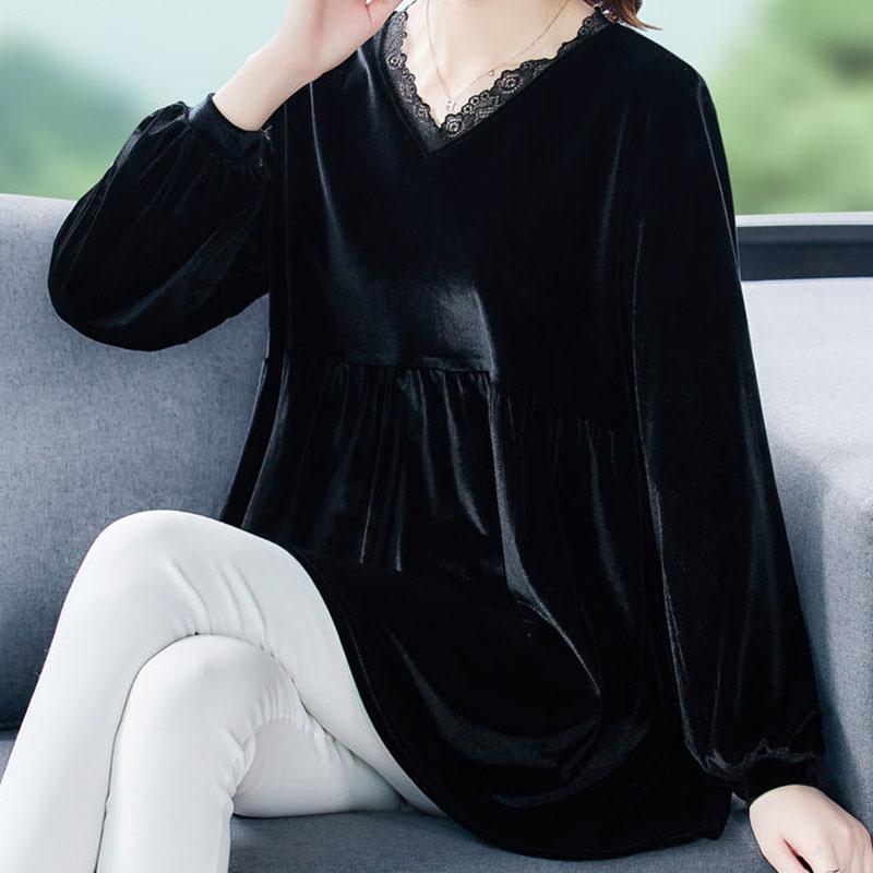 Autumn Spring Women Blouse Gold Velvet Shirts Tops Vintage Long-sleeved Lace V-neck Blouses Casual Loose Ladies Tops Female Clothes