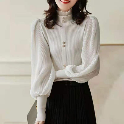 Autumn and Winter High-neck French Ladies Sweater Elegant Temperament Knit Sweater Wild Wood Ear Waist Slim Casual Shirt