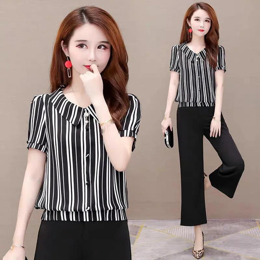 Short-sleeved Shirt Women's Temperament Striped Shirt Tops V-neck Short-sleeved Striped Thin Fabric Soft Lightweight Breathable and Cool