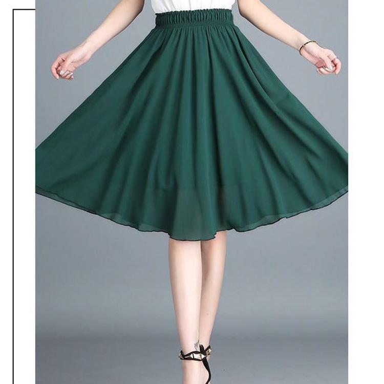 65cm Women Vintage Elegant Floral Dress High Waist A-line Chiffon Skirt Mid-length Ruffled Chiffon Skirt