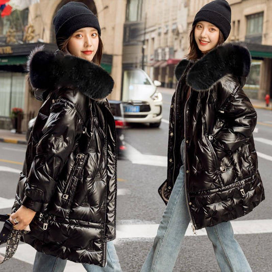 Down Jacket Women Winter White Duck Down Fur Collar Hooded Short Glossy Shiny Coats  Parkas