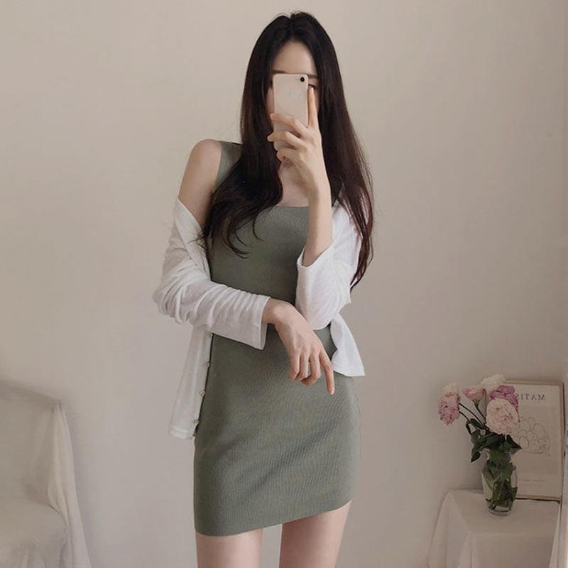 Sling Dress Women Spring and Summer Knitted Square Neck Dress Tight-fitting Hip Bottoming Vest Skirt Summer Sleeveless Short Dress