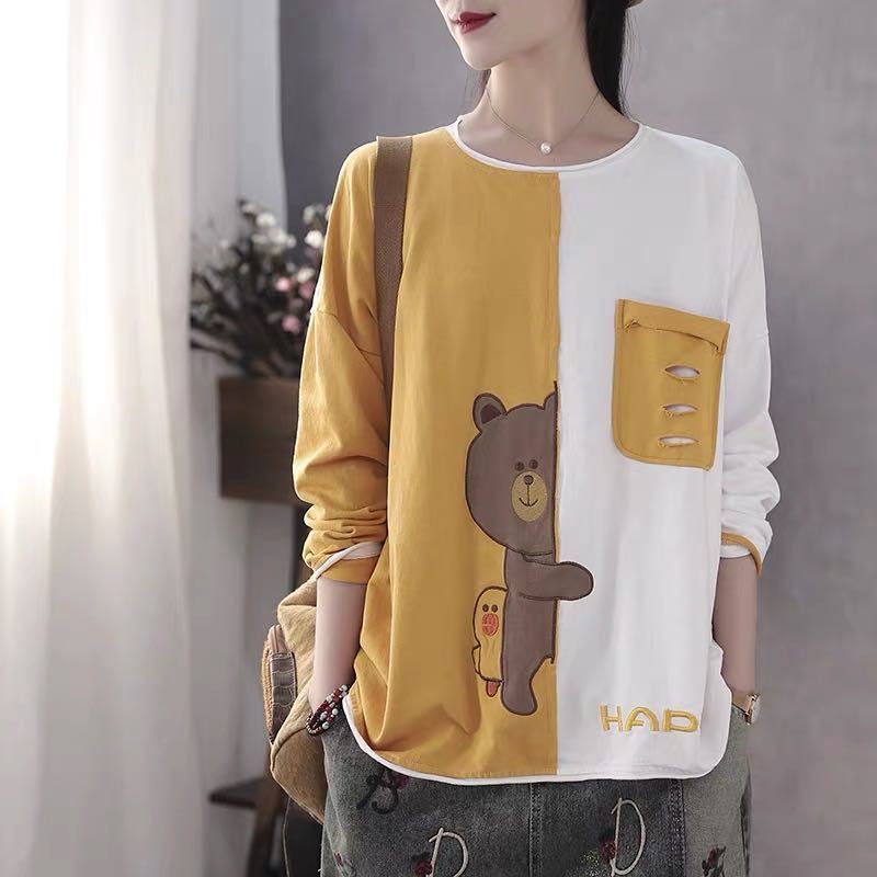 Cute Bear Print T-shirt Large Size Ladies Long Sleeve Shirt Casual Loose Pullover Summer