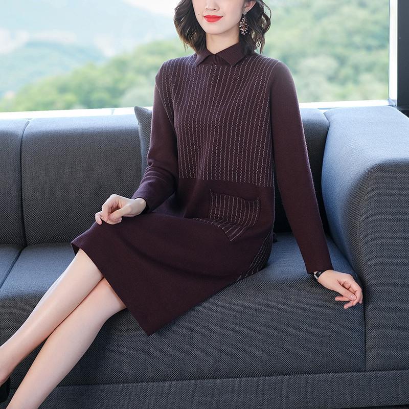 Autumn and Winter Doll Collar Loose Dress Mid-length Hedging Knit Bottoming Skirt Fashion Simple Women's Sweater Dress