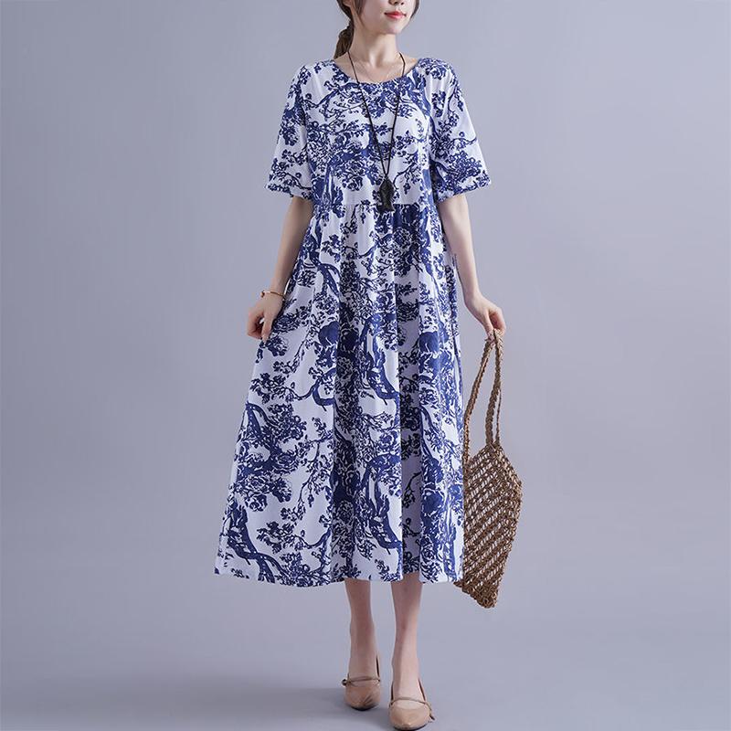 Cotton Dress Temperament Ethnic Style Age-reducing Spring and Summer Plus Size Women's Loose and Thin Long DRESS