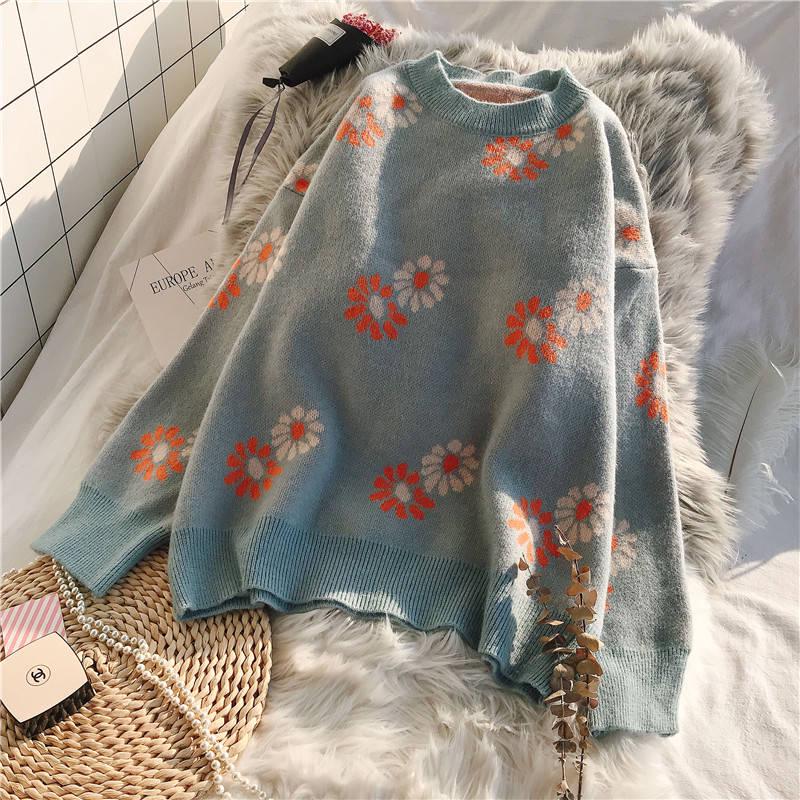 Pofulove Autumn and Winter Loose Flower Jacquard Sweater Women's Pullover Round Neck Sweater