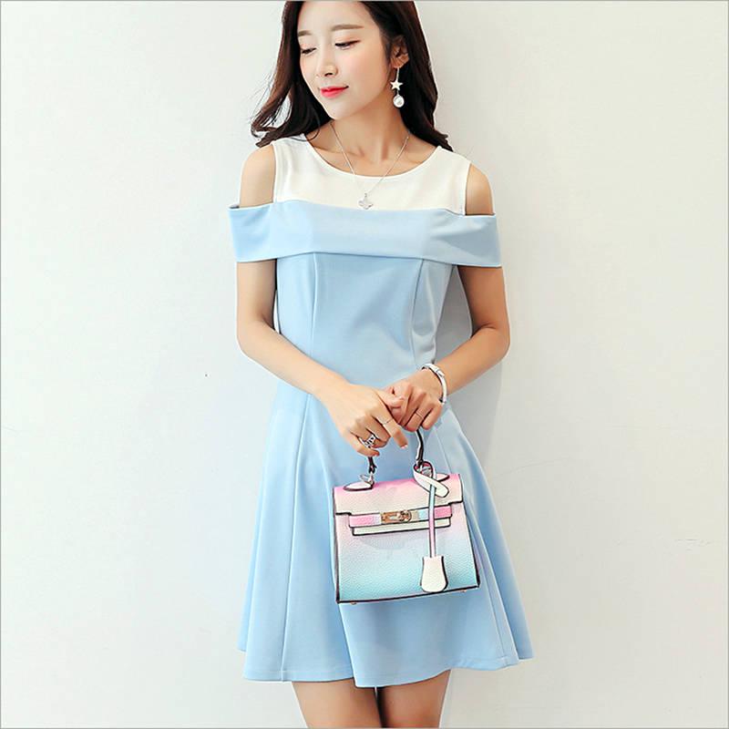 Fashion Summer Off-shoulder Round Neck Dress Stitching Sweet A-line Dress Sleeveless Sundress