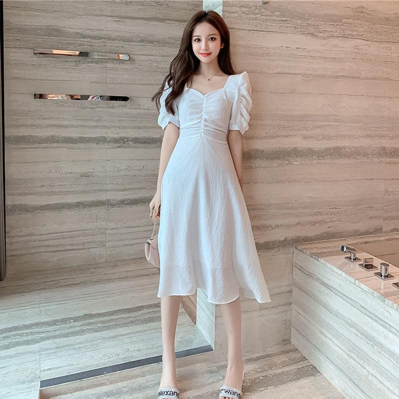 Female Simple Slim Puff Sleeve Dress Chiffon Shows Thin V-neck Soft Elegant Medium Length Party Dress